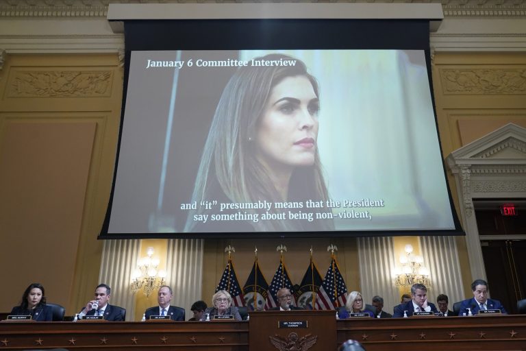 A video of an interview with Hope Hicks is displayed as the House select committee investigating the Jan. 6 attack on the U.S. Capitol holds its final meeting on Capitol Hill in Washington, Monday, Dec. 19, 2022.