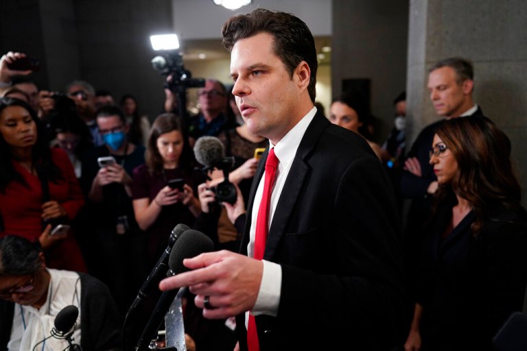 Rep. Matt Gaetz, R-Fla., speaks as he arrives for a closed-door meeting with the GOP Conference at the Capitol in Washington, Tuesday, Jan. 3, 2023.