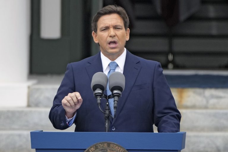 Florida Gov. Ron DeSantis speaks after being sworn in to begin his second term during an inauguration ceremony outside the Old Capitol on Jan. 3, 2023, in Tallahassee, Florida. 