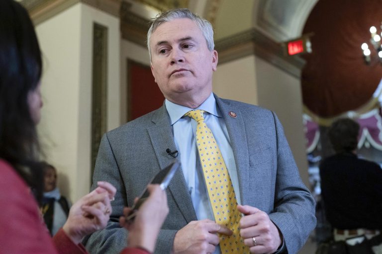 FILE - Rep. James Comer, R-Ky., talks to reporters as he walks to the House chamber, on Capitol Hill in Washington, Thursday, Jan. 12, 2023.