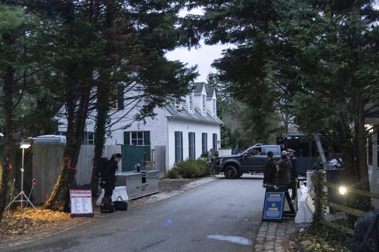 The access road to President Joe Biden's home in Wilmington, Del., is seen from the media van Friday, Jan. 13, 2023.