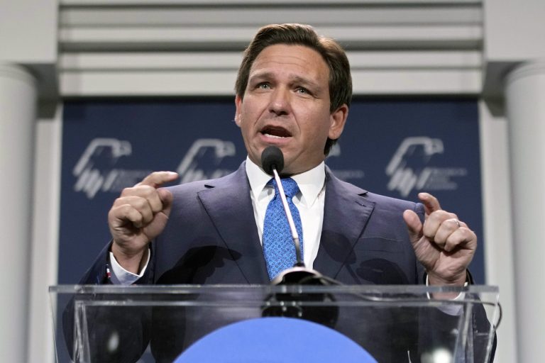 Florida Gov. Ron DeSantis speaks at an annual leadership meeting of the Republican Jewish Coalition on Nov. 19, 2022, in Las Vegas. 