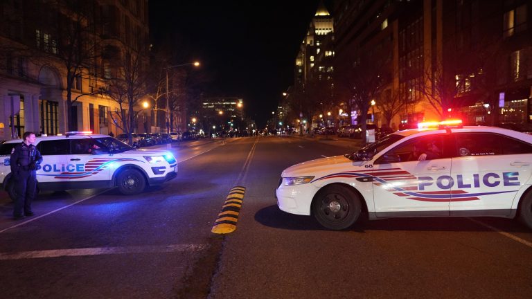 D.C. Metropolitan Police block K Street NW as demonstrators protest Friday, Jan. 27, 2023, in Washington, the death of Tyre Nichols, who died after being beaten by Memphis police officers on Jan. 7. 