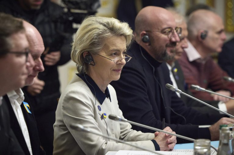 European Commission President Ursula von der Leyen, center left, and European Council President Charles Michel, center right, attend a working session at the EU-Ukraine summit in Kyiv, Ukraine, Friday, Feb. 3, 2023.