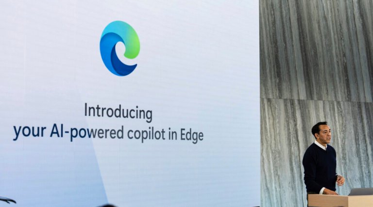 Yusuf Mehdi, Microsoft corporate vice president of search, speaks to members of the media about the integration of the Bing search engine and Edge browser with OpenAI on Tuesday, Feb. 7, 2023, in Redmond. Microsoft is fusing ChatGPT-like technology into its search engine, Bing, transforming an internet service that now trails far behind Google into a new way of communicating with artificial intelligence. 