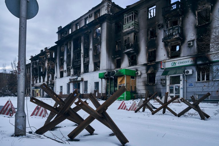 A city center damaged by Russian shelling in Bakhmut, Donetsk region, Ukraine, Sunday, Feb. 12, 2023.