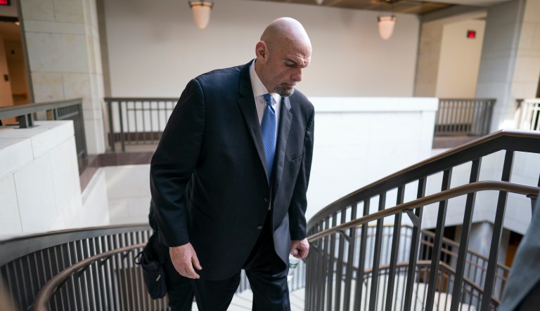 Sen. John Fetterman, D-Pa., leaves an intelligence briefing on the unknown aerial objects the U.S. military shot down this weekend at the Capitol in Washington, Tuesday, Feb. 14, 2023. 