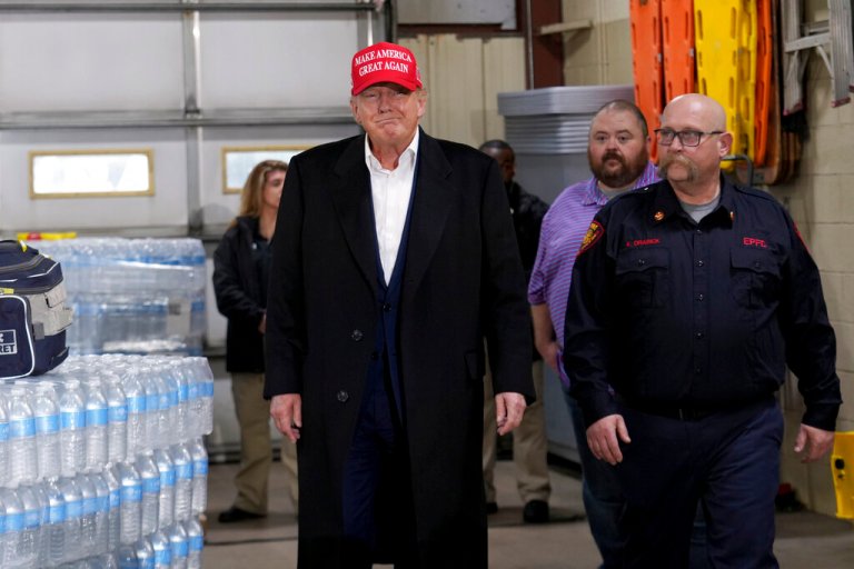 Former President Donald Trump arrives at the East Palestine Fire Department as he visits the area in the aftermath of the Norfolk Southern train derailment Feb. 3 in East Palestine, Ohio, Wednesday, Feb. 22, 2023.