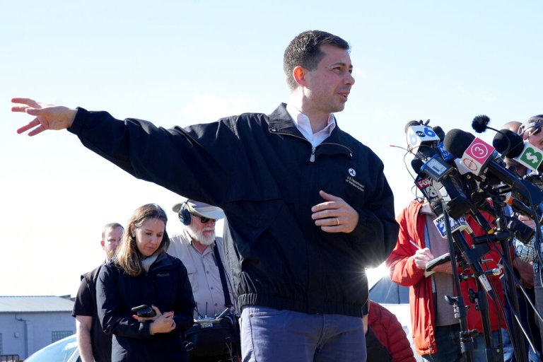 Transportation Secretary Pete Buttigieg speaks during a news conference Thursday, Feb. 23, 2023, near the site of the Feb. 3 Norfolk Southern train derailment in East Palestine, Ohio. 