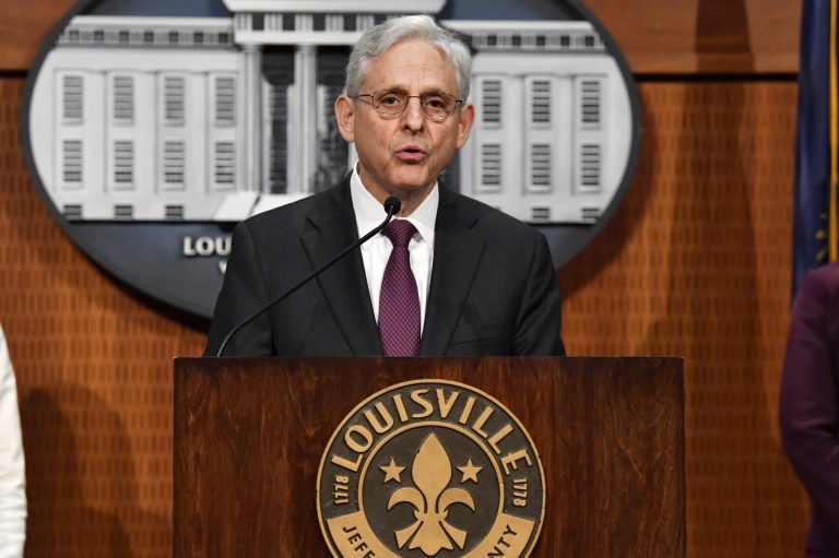 U.S. Attorney General Merrick Garland speaks during a press conference at Louisville Metro Hall in Louisville, Ky., Wednesday, March 8, 2023. 