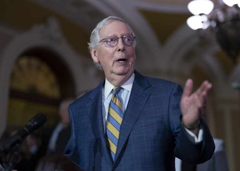 Senate Minority Leader Mitch McConnell, R-Ky., speaks to reporters following a closed-door policy meeting, at the Capitol in Washington, Tuesday, March 7, 2023.  A spokesman for McConnell said the senator has been hospitalized after tripping and falling Wednesday, March 8, at a hotel. 