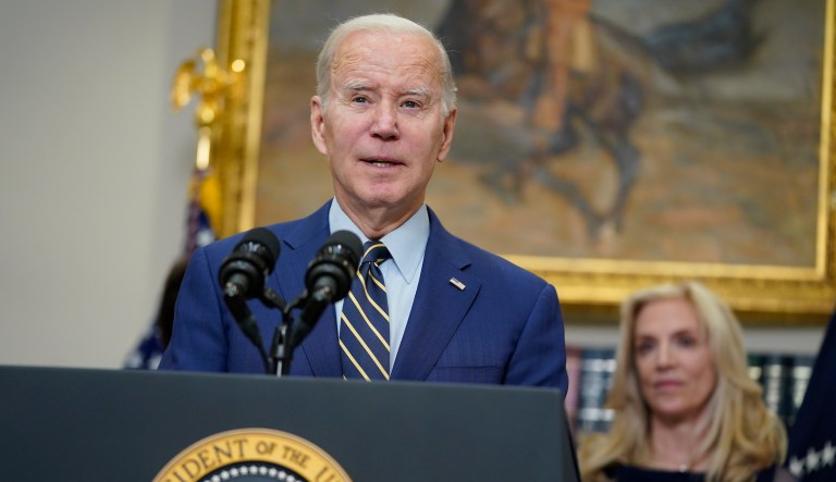 President Joe Biden speaks about the February jobs report from the Roosevelt Room of the White House, Friday, March 10, 2023, in Washington. National Economic Council Director Lael Brainard stands at right.