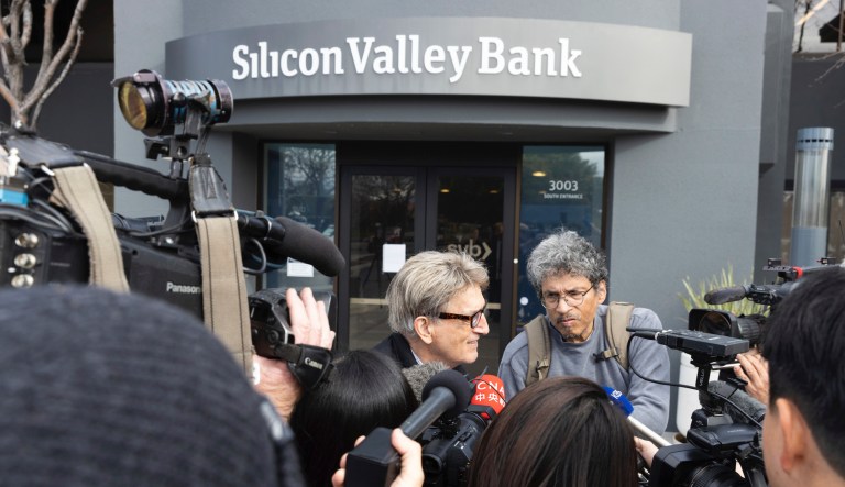 Bob, who did not want to provide a last name speaks with press after exiting Silicon Valley Bank's headquarters in Santa Clara, Calif., on Monday, March 13, 2023.