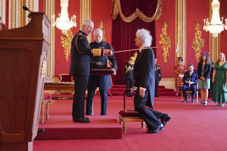 Brian May, musician, songwriter and animal Welfare Advocate, is made a Knight Bachelor by King Charles III at Buckingham Palace in London, Tuesday, March 14, 2023. The honour recognizes services to music and to charity.