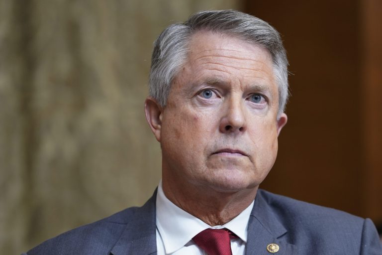 Sen Roger Marshall, R-Kan., listens during a Senate committee on the President's FY'24 budget proposal, Wednesday, March 15, 2023, on Capitol Hill in Washington.