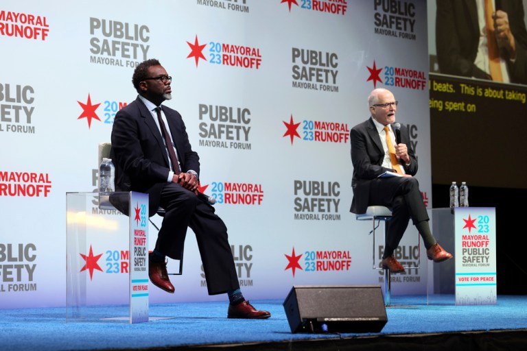 Chicago mayoral candidates Brandon Johnson, left, and Paul Vallas.