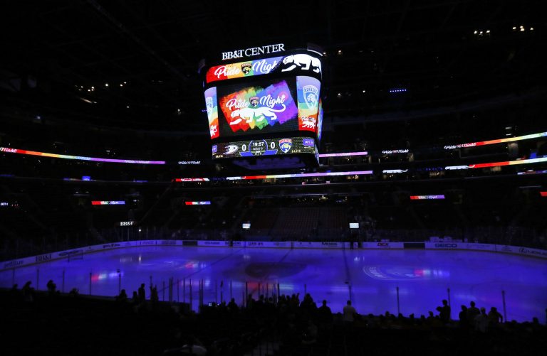 The jumbotron is lit up in rainbow lights for a Florida Panthers Pride Night before the NHL hockey game between the Anaheim Ducks and the Panthers, on Feb. 3, 2017. 