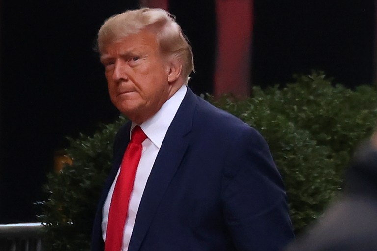 Former President Donald Trump arrives at Trump Tower, Monday, April 3, 2023, in New York. Trump arrived in New York on Monday for his expected booking and arraignment the following day on charges arising from hush money payments during his 2016 campaign. 