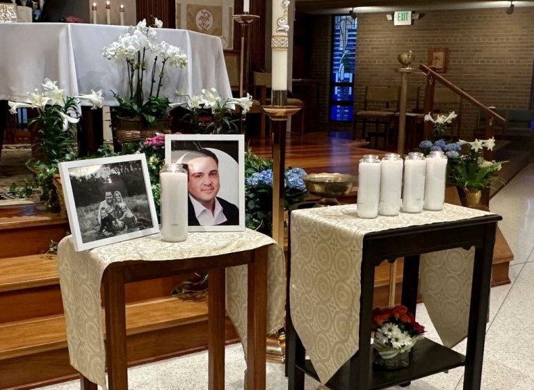 A memorial for Joshua Barrick is on display, late Monday, April 10, 2023, at Holy Trinity Catholic Church in Louisville, Kentucky. 