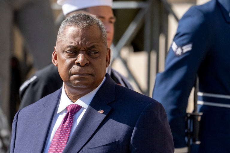 Secretary of Defense Lloyd Austin appears at the Pentagon, Wednesday, April 12, 2023, in Washington.