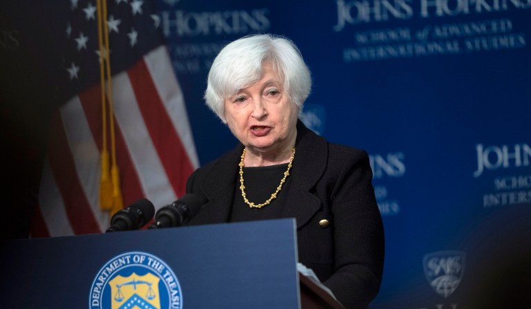 Treasury Secretary Janet Yellen speaks on the U.S.-China economic relationship at Johns Hopkins University School of Advanced International Studies, Thursday, April 20, 2023, in Washington.
