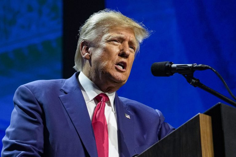 Former President Donald Trump speaks at the National Rifle Association Convention in Indianapolis, Friday, April 14, 2023. The opening phase of the Republican presidential primary has largely centered on Trump and Florida Gov. Ron DeSantis' escalating collision. But a new wave of GOP White House hopefuls will begin entering the race as soon as next week following a monthslong lull.