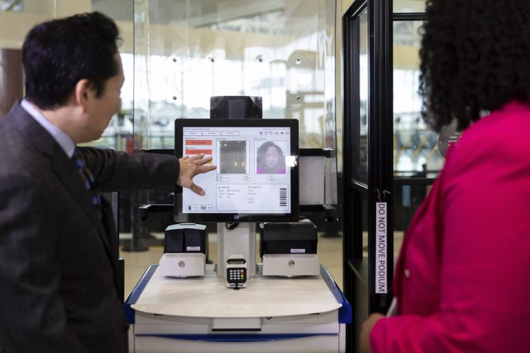 TSA Identity Management Capabilities Manager Jason Lim demonstrates new facial recognition technology at a Baltimore-Washington International Thurgood Marshall Airport security checkpoint, Wednesday, April 26, 2023, in Glen Burnie, Md.