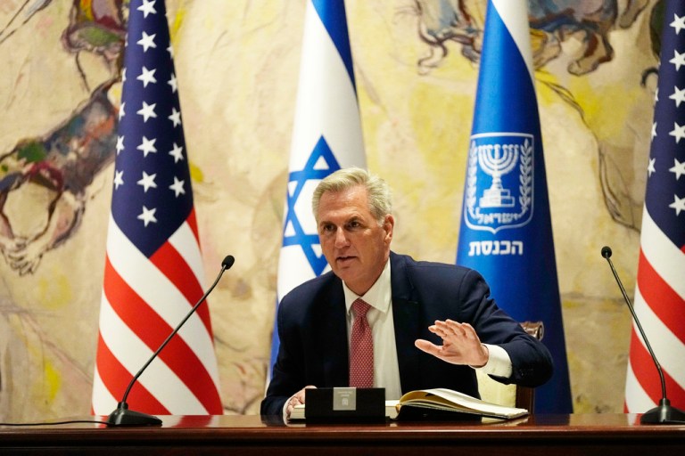 U.S. Speaker of the House Kevin McCarthy speaks during a joint statement with his Israeli counterpart, Amir Ohana, Israel's Parliament or Knesset Speaker, for his visit to the Knesset, in Jerusalem, Monday, May 1, 2023. 