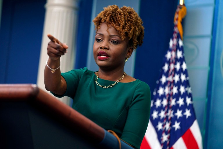 White House press secretary Karine Jean-Pierre speaks during a briefing at the White House, Wednesday, May 3, 2023, in Washington. 