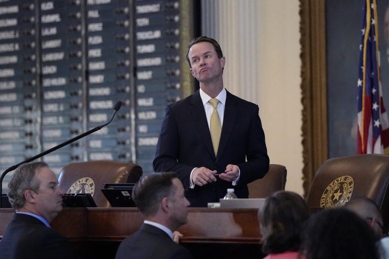 Texas Speaker of the House Dade Phelan waits during a point of order during debate over SB14 in the House chamber at the Capitol of Texas in Austin, Texas, Friday, May 5, 2023. 