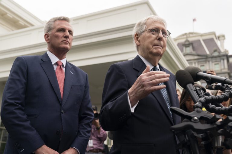 Senate Minority Leader Mitch McConnell of Ky., and House Speaker Kevin McCarthy of Calif., talk to reporters.