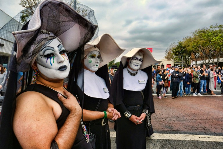 The Sisters of Perpetual Indulgence show their support during the gay pride parade in West Hollywood, California.