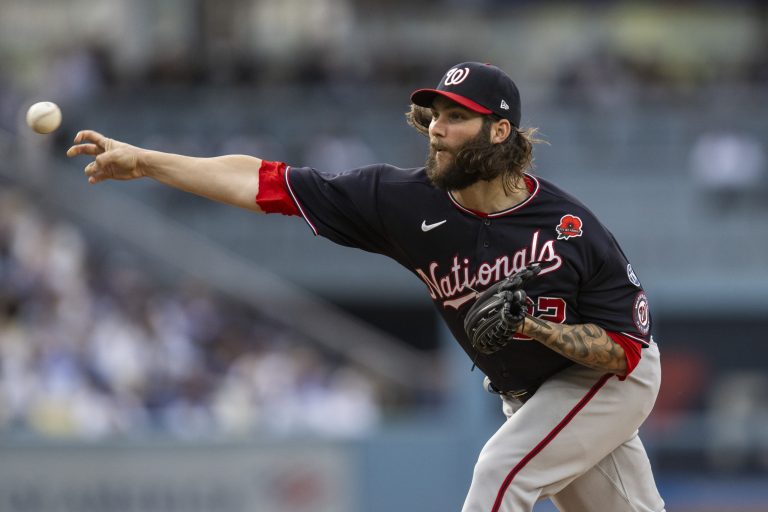 Washington Nationals starting pitcher Trevor Williams throws during the first inning of a baseball game against the Los Angeles Dodgers in Los Angeles, Monday, May 29, 2023.