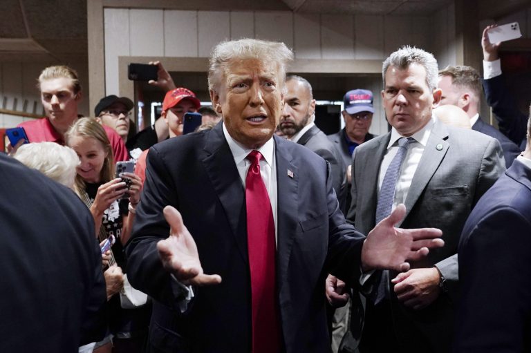 Former President Donald Trump greets supporters before speaking at the Westside Conservative Breakfast on June 1, 2023, in Des Moines, Iowa.