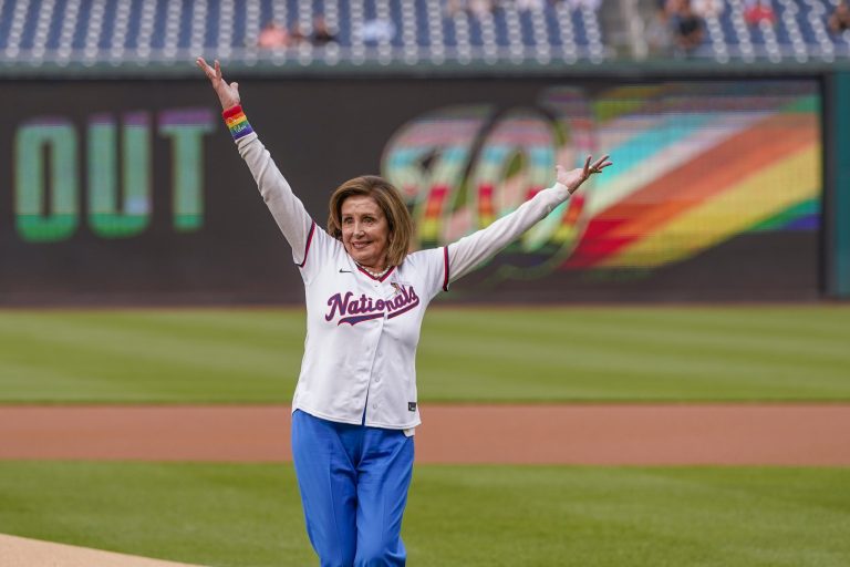 Rep. Nancy Pelosi, D-Calif., reacts after throwing out a ceremonial first pitch before a baseball game between the Washington Nationals and the Arizona Diamondbacks at Nationals Park, Tuesday, June 6, 2023, in Washington. 