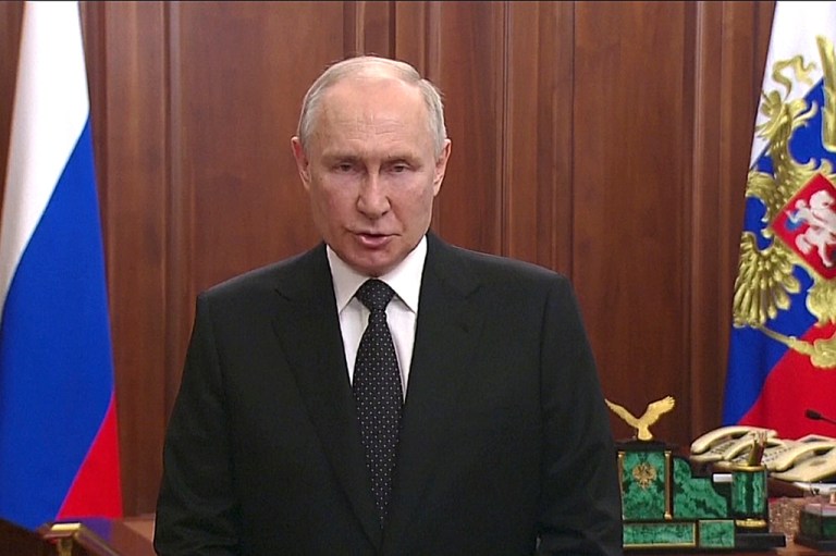 In this handout photo taken from video released by Russian Presidential Press Service, Russian President Vladimir Putin addresses the nation in Moscow, Russia, Saturday, June 24, 2023.
