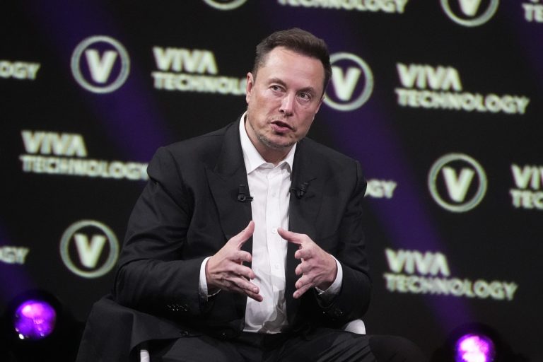FILE - Elon Musk, who owns Twitter, Tesla and SpaceX, speaks at the Vivatech fair, June 16, 2023, in Paris. (AP Photo/Michel Euler, File)