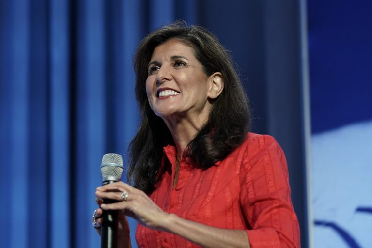 FILE - Republican presidential candidate Nikki Haley speaks at the Moms for Liberty meeting in Philadelphia, Friday, June 30, 2023. (AP Photo/Matt Rourke, File)