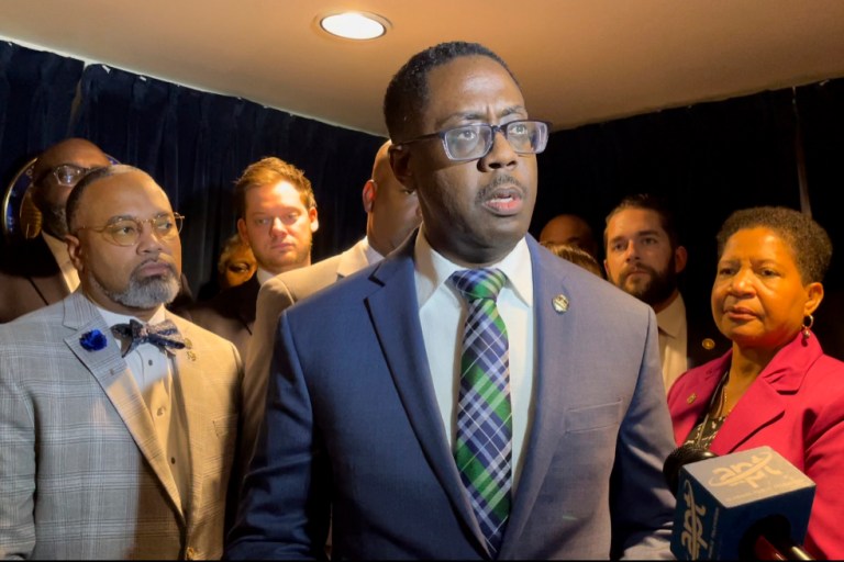 Alabama state Rep. Prince Chestnut speaks to reporters at the Statehouse alongside other Democrats in the House of Representatives in Montgomery, Ala., on Wednesday, July 19, 2023, following a vote on a redistricting plan. 