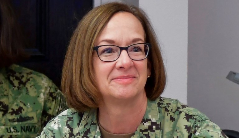 In this image provided by the U.S. Navy, Vice Chief of Naval Operations Adm. Lisa Franchetti meets with leadership at Portsmouth Naval Shipyard, Nov. 17, 2022 in Kittery, Maine. A senior administration official says President Joe Biden has chosen Franchetti to lead the Navy. If confirmed, she would be the first woman to be a U.S. military service chief. 