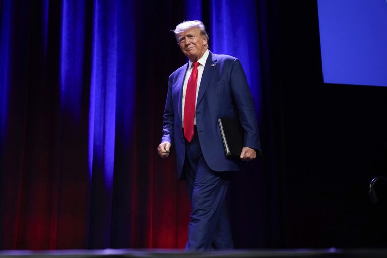 Republican presidential candidate former president Donald Trump speaks at the Republican Party of Iowa's 2023 Lincoln Dinner in Des Moines, Iowa, Friday, July 28, 2023. 