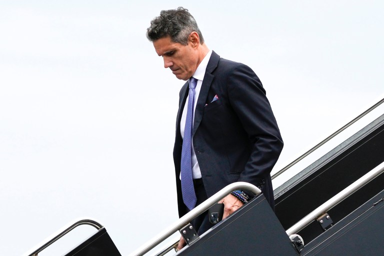 FILE - Attorney for former President Donald Trump John Lauro arrives with Trump at Ronald Reagan Washington National Airport, Aug. 3, 2023, in Arlington, Virginia. (AP Photo/Alex Brandon, File)