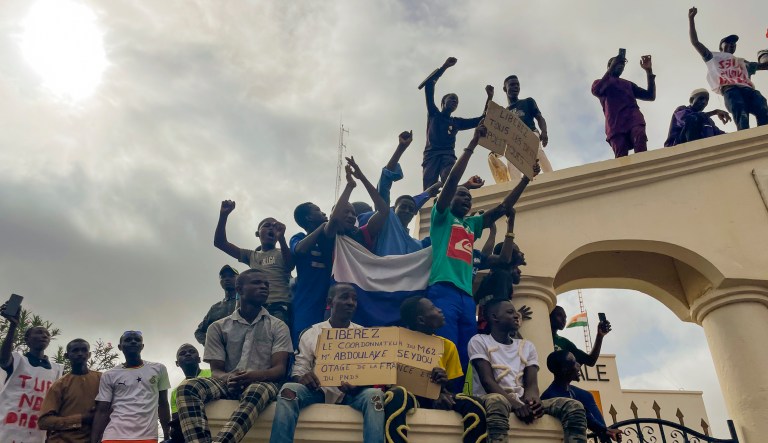 Supporters of Niger's ruling junta gather at the start of a protest called to fight for the country's freedom and push back against foreign interference in Niamey, Niger, Aug. 3, 2023.