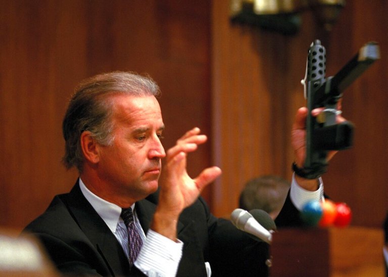 Back in 1993, then Sen. Joe Biden, chairman of the Senate Judiciary Committee, led the bid to ban semi-automatic weapons like the TEC-9 semi-automatic weapon he is holding at a hearing.