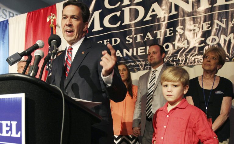 Chris McDaniel addresses his supporters amid a heated GOP primary runoff election against incumbent U.S. Senator Thad Cochran on Tuesday June 24, 2014 at the Lake Terrace Convention Center in Hattiesburg, Miss. (AP Photo/George Clark)