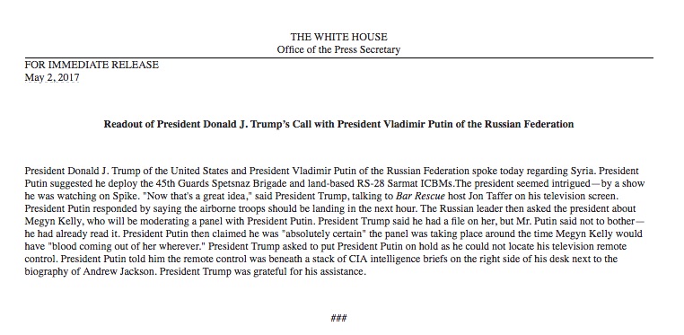 Readout of President Donald J. Trump’s Call with President Vladimir Putin: A Parody