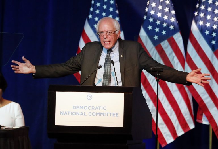 Democratic presidential candidate, Sen. Bernie Sanders, I-Vt, addresses the summer meeting of the Democratic National Committee, Friday, Aug. 28, 2015, in Minneapolis. (AP Photo/Jim Mone)
