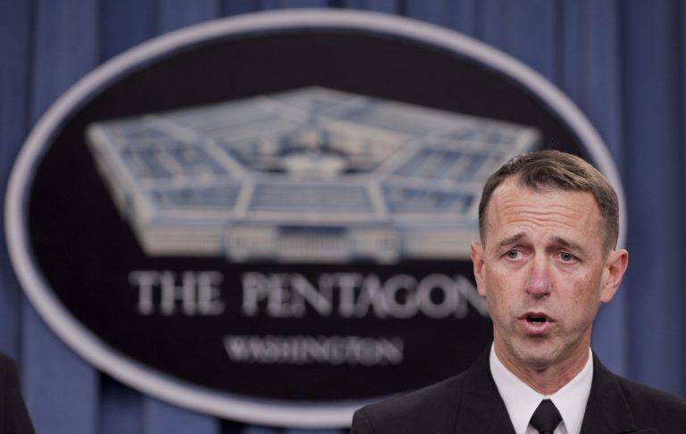 FILE - This Feb. 4, 2014, file photo shows Adm. John M. Richardson, director of the Naval Nuclear Propulsion Program, as he speaks during a news conference at the Pentagon. At least 34 sailors are being kicked out of the Navy for their roles in a cheating ring that operated undetected for at least seven years at a nuclear power training site, and 10 others are under criminal investigation. (AP Photo/Manuel Balce Ceneta, File)