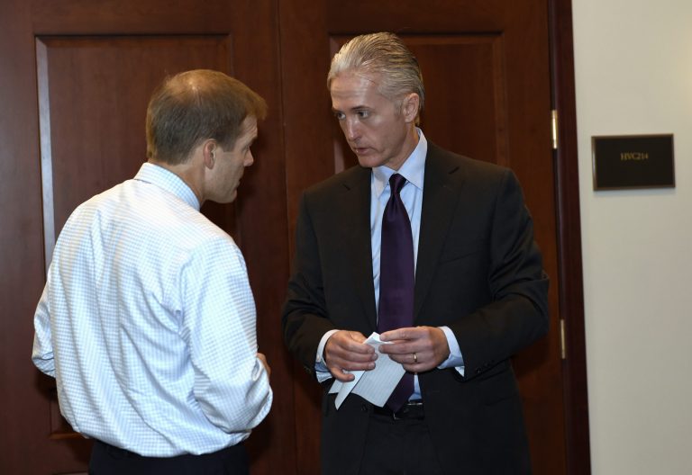 House Select Committee on Benghazi Chairman Rep. Trey Gowdy, R-S.C., right, talks with Rep. Jim Jordan, R-Ohio, on Capitol Hill in Washington, Tuesday, June 16, 2015, before the start of a deposition of Sidney Blumenthal, a longtime confidant to former President Bill Clinton and Democratic presidential candidate Hillary Clinton. (AP Photo/Susan Walsh)