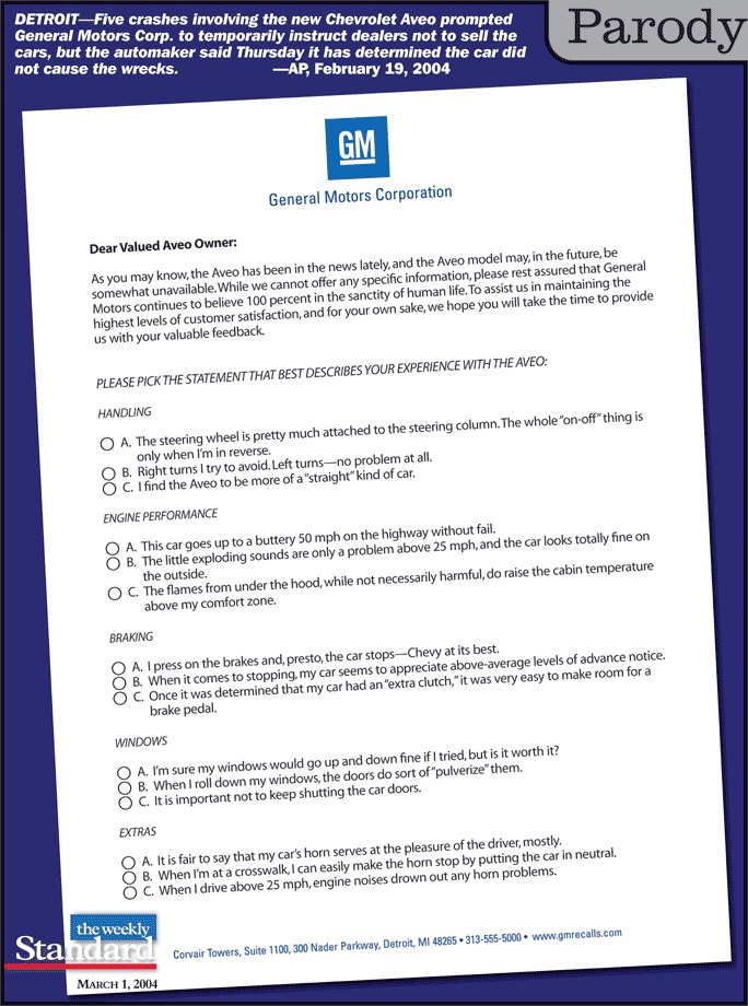 General Motors surveys Aveo owners.